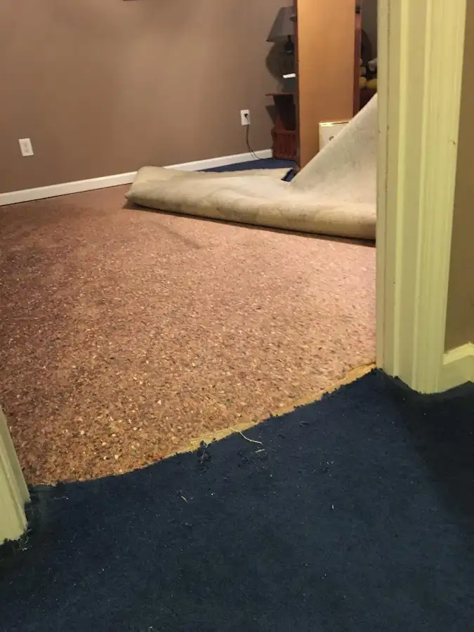 Carpet pad removal revealing water damage during Water Mitigation Services in Bridgeport